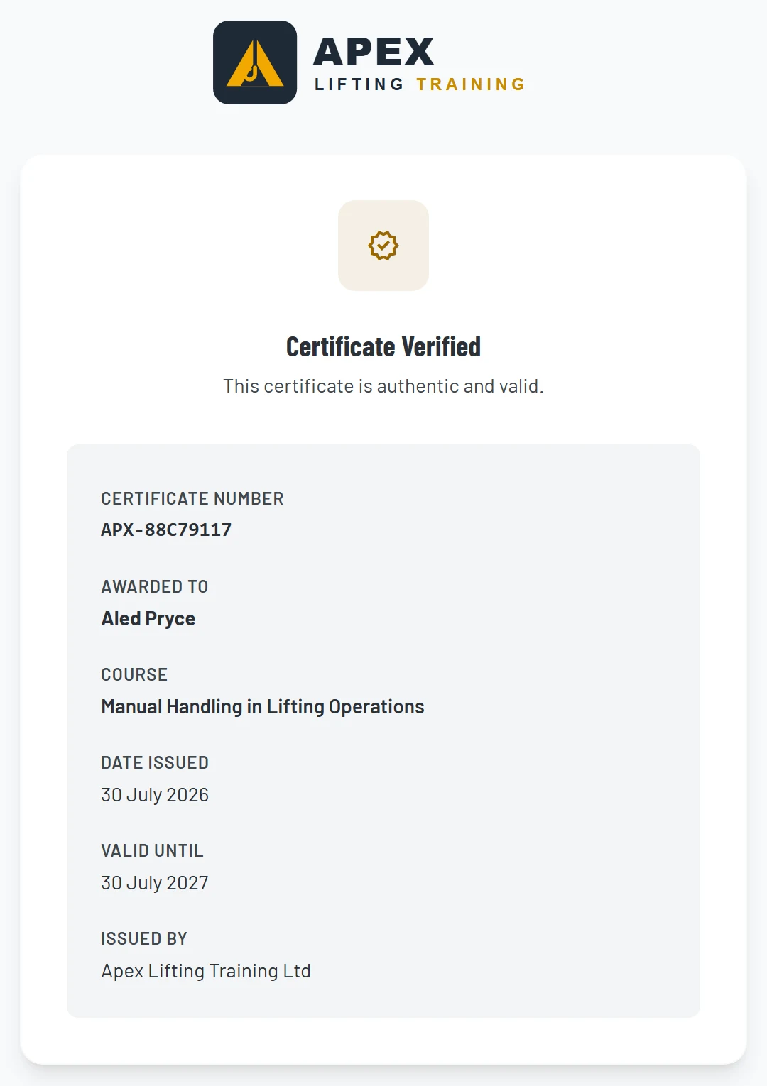 The public verification page for a certificate, showing who it was awarded to, the course, the issue date and when it is valid until