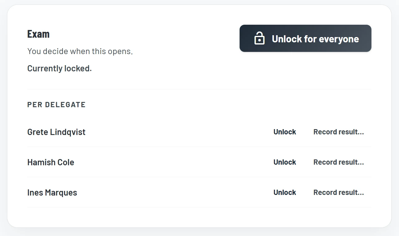 The exam panel for a course date: locked until the trainer unlocks it for everyone or one delegate at a time